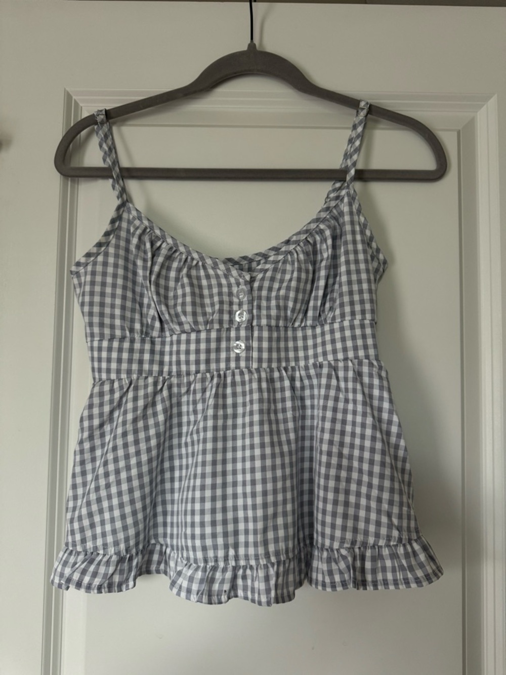 SHEIN Gray Gingham Ruffle-Trim Spaghetti Strap Cami